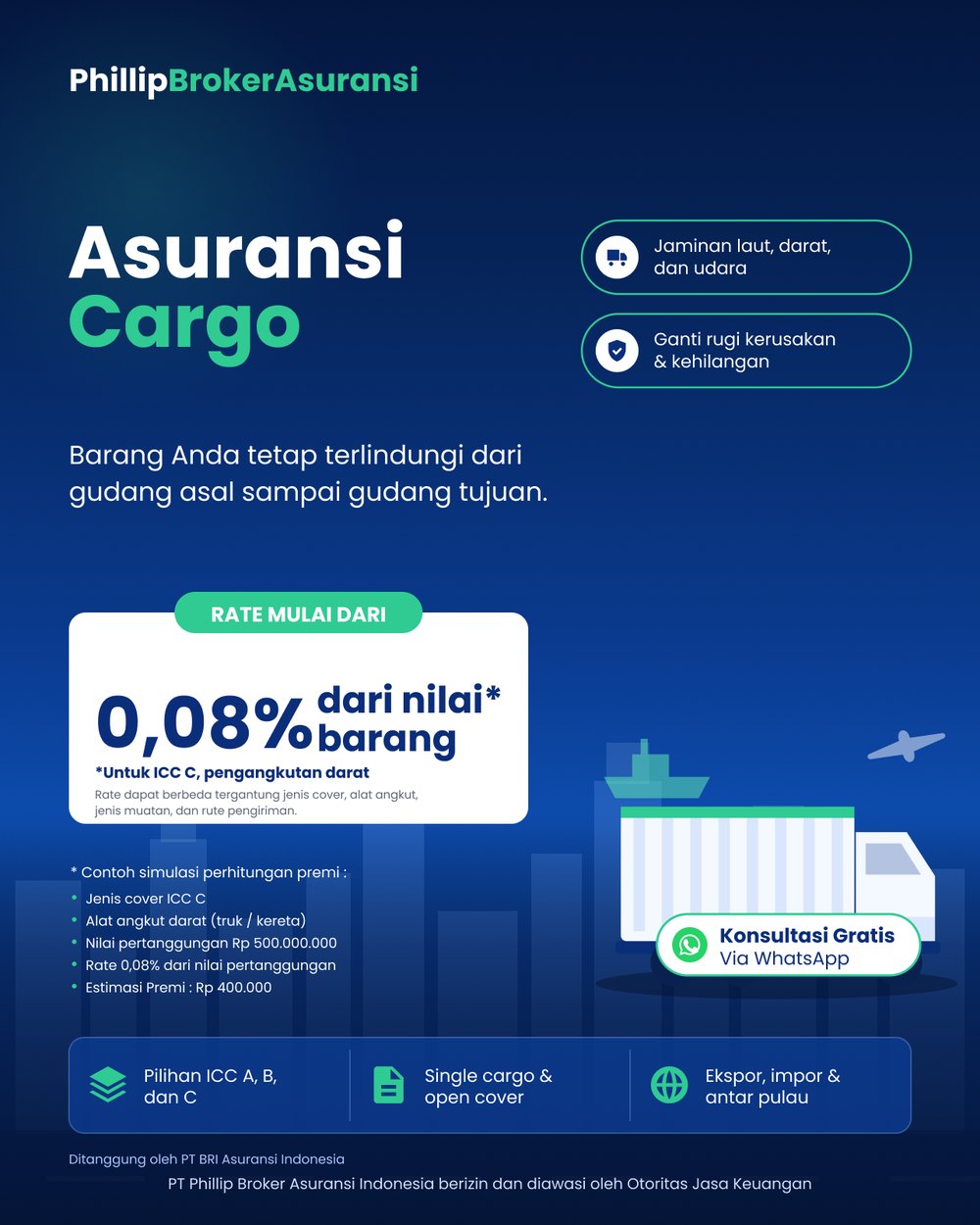 Flyer Asuransi Pengangkutan: rate mulai dari 0,08 persen dari nilai barang untuk ICC C pengangkutan darat, menjamin laut, darat dan udara. Ditanggung oleh PT BRI Asuransi Indonesia.