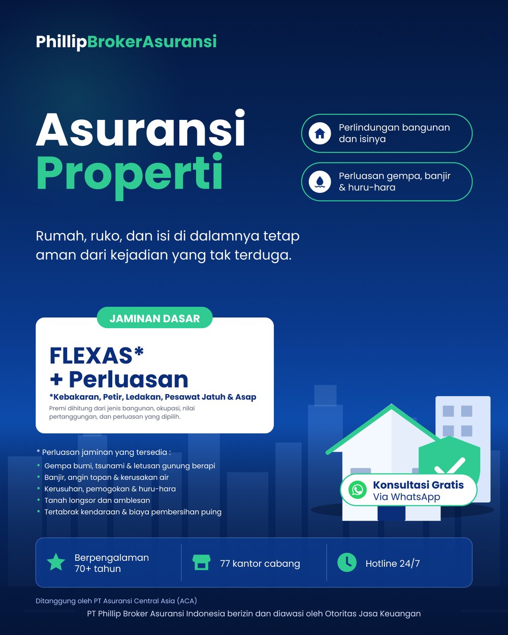 Flyer Asuransi Properti: jaminan dasar FLEXAS ditambah perluasan gempa, banjir dan huru-hara untuk bangunan beserta isinya. Ditanggung oleh PT Asuransi Central Asia (ACA).