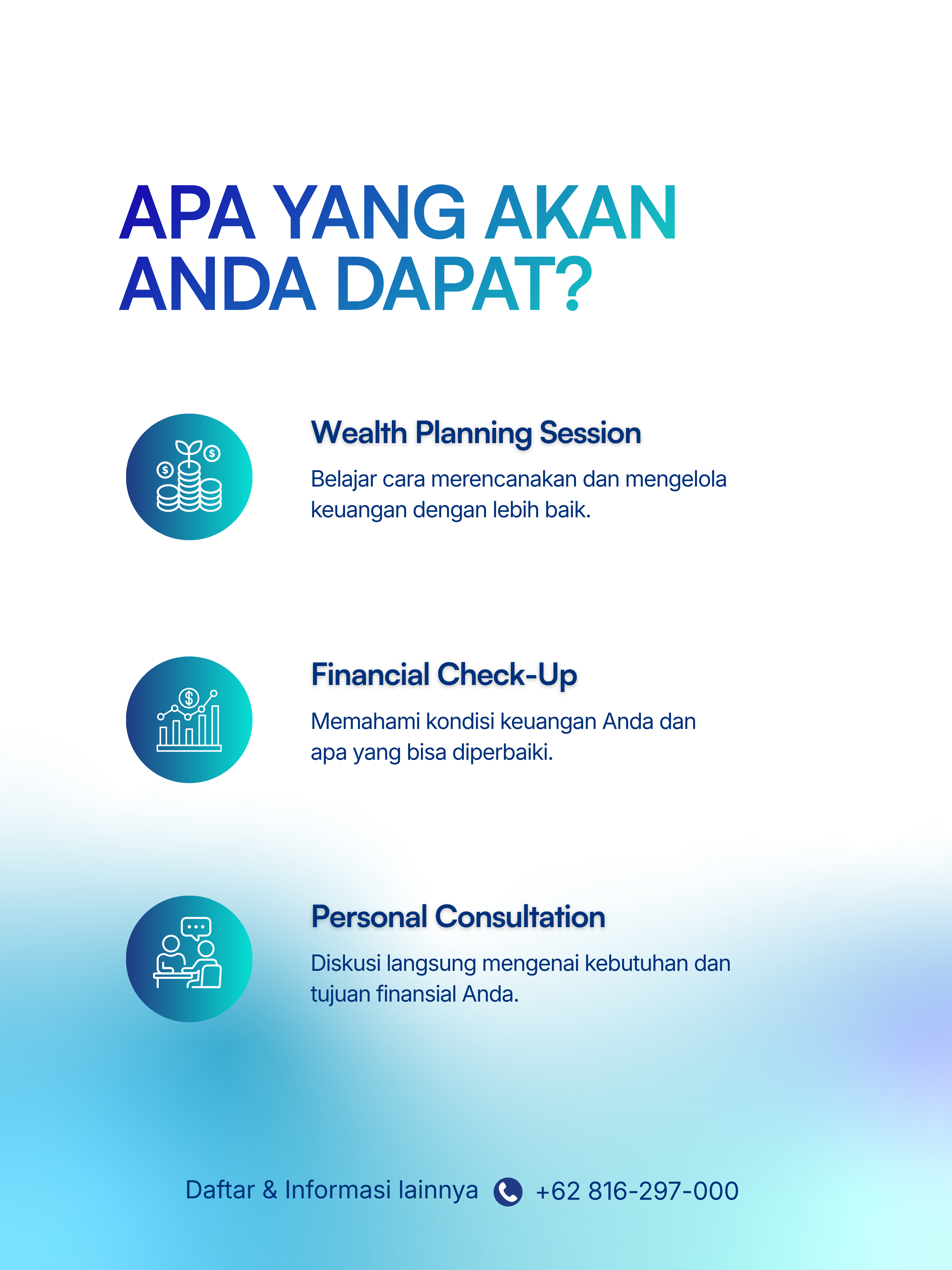 Slide Apa yang akan Anda dapat: Wealth Planning Session, Financial Check-Up, dan Personal Consultation.
