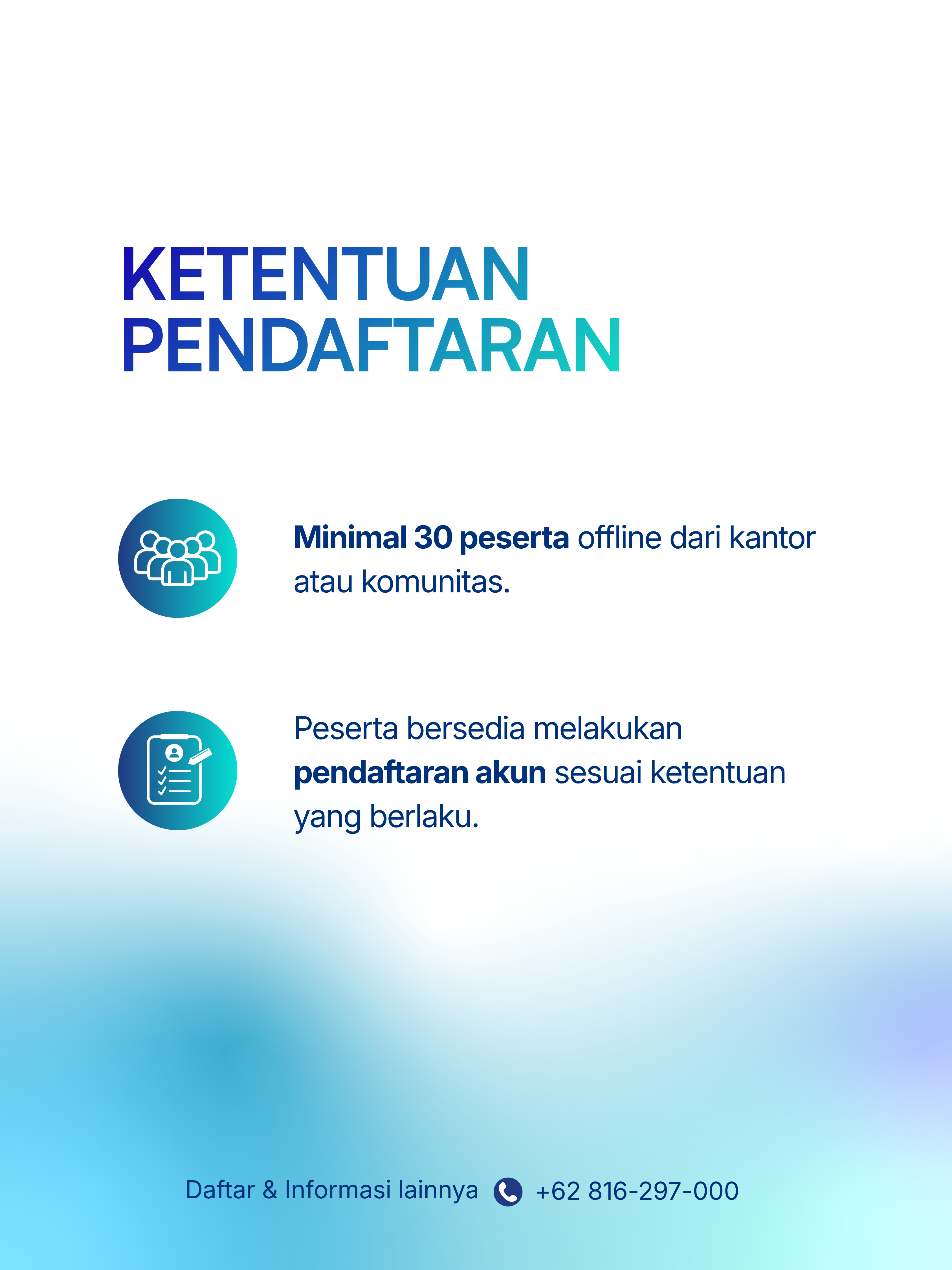Slide ketentuan pendaftaran: minimal 30 peserta offline dan kesediaan melakukan pendaftaran akun.